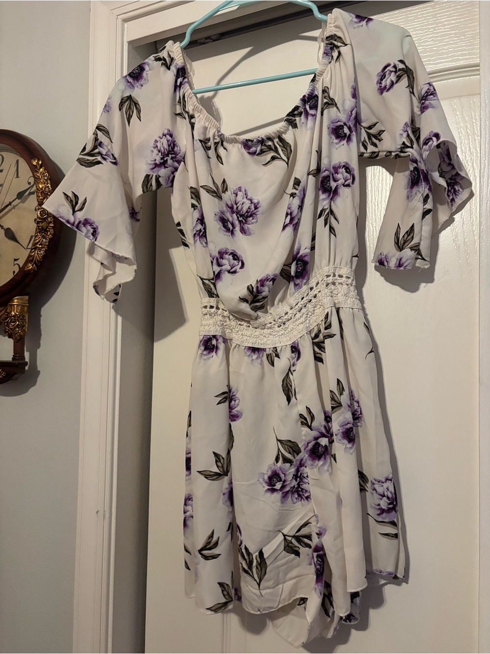 White Floral Off-Shoulder romper with Purple Flowers